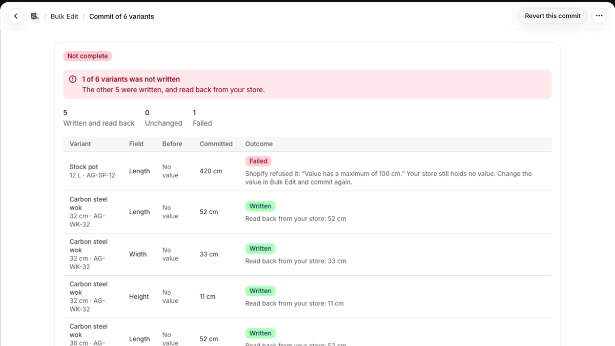 A finished commit: counts of rows written and read back, unchanged and failed, and each row with its outcome and the value read back.